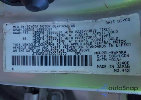 2002 Toyota Highlander Limited V6 from USA, damaged, VIN JTEGF21A420042170